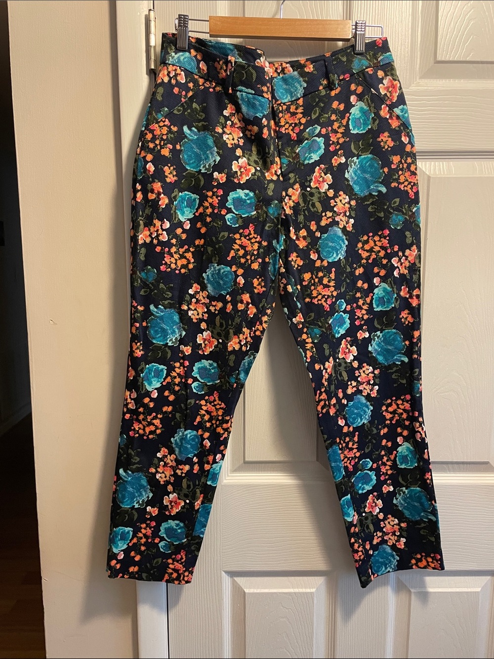 Merona Black Ankle Pants with Teal and Coral Floral Print
